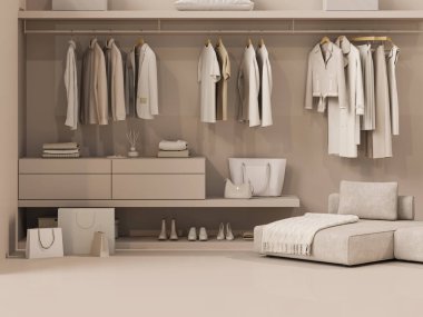 Bej arka planda wadorable giysiler, arka planda ahşap raf. Tarafsız bej rengi bir askıda asılı kıyafet koleksiyonu. 3D görüntüleme, depolama ve yatak odası konsepti