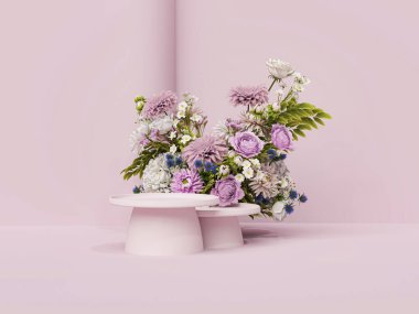 3 boyutlu podyum, gül çiçekli pastel pembe arkaplan. Şakayık çiçekleri ve palmiye yaprağı gölgesi. Güzellik için minimum kaide, kozmetik ürün. Valentine, kadınsı kopyalama alanı şablonu 3d oluşturma