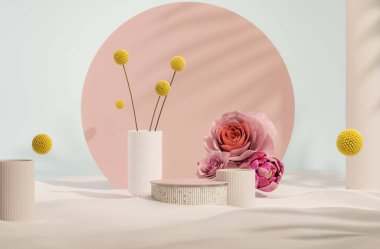 3 boyutlu podyum, gül çiçekli pastel pembe arka plan, Lily çiçeği ve palmiye yaprağı gölgesi. Güzellik için minimum kaide, kozmetik ürün. Valentine, kadınsı kopyalama alanı şablonu 3d oluşturma