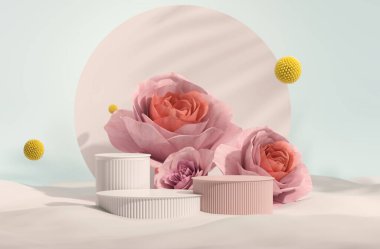 3 boyutlu podyum, gül çiçekli pastel pembe arka plan, Lily çiçeği ve palmiye yaprağı gölgesi. Güzellik için minimum kaide, kozmetik ürün. Valentine, kadınsı kopyalama alanı şablonu 3d oluşturma