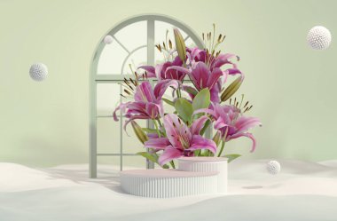 3 boyutlu podyum, gül çiçekli pastel pembe arka plan, Lily çiçeği ve palmiye yaprağı gölgesi. Güzellik için minimum kaide, kozmetik ürün. Valentine, kadınsı kopyalama alanı şablonu 3d oluşturma