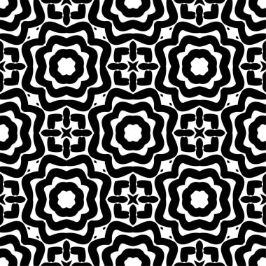 Kusursuz Siyah ve Beyaz Düzensiz Yuvarlak Çizgiler Soyut Arkaplan Deseni. Çizgili elementlerden tekrarlanan geometrik fayanslar. Modern stil soyut dokular. Tekrarlayan geometrik çizgili elementler. Kusursuz Siyah ve Beyaz.