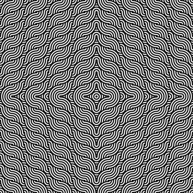 Vektör soyut dikişsiz desen. Modern geometrik arkaplan. Çizgili eşmerkezli eşmerkezli dairelerin arka plan süslemesiyle tekrarlanan tek renkli desen. Çaprazlı monokrom arkaplan. Soyut operasyon sanat dokusu.