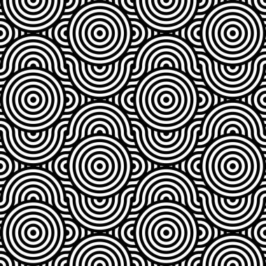 Soyut dikişsiz doku.Modern geometrik arkaplan. Tekrarlanan eş merkezli dairesel tek renkli desen. Vektör soyut dikişsiz desen. Modern geometrik arkaplan. Tekrarlanan tek renkli desen. Hipnoz. Siyah beyaz dalgalı çizgi deseni..