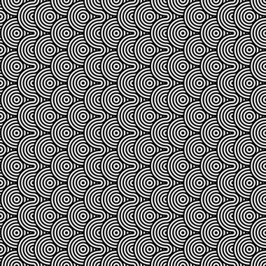 Soyut dikişsiz doku.Modern geometrik arkaplan. Tekrarlanan eş merkezli dairesel tek renkli desen. Vektör soyut dikişsiz desen. Modern geometrik arkaplan. Tekrarlanan tek renkli desen. Hipnoz. Siyah beyaz dalgalı çizgi deseni..