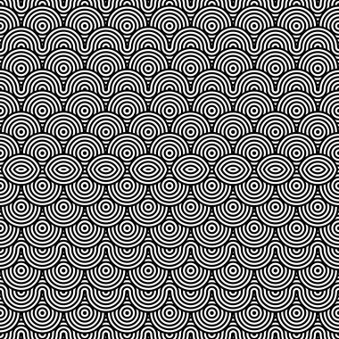 Soyut dikişsiz doku.Modern geometrik arkaplan. Tekrarlanan eş merkezli dairesel tek renkli desen. Vektör soyut dikişsiz desen. Modern geometrik arkaplan. Tekrarlanan tek renkli desen. Hipnoz. Siyah beyaz dalgalı çizgi deseni..