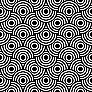Soyut dikişsiz doku.Modern geometrik arkaplan. Tekrarlanan eş merkezli dairesel tek renkli desen. Vektör soyut dikişsiz desen. Modern geometrik arkaplan. Tekrarlanan tek renkli desen. Hipnoz. Siyah beyaz dalgalı çizgi deseni..