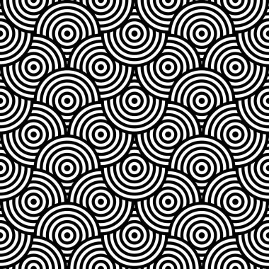 Soyut dikişsiz doku.Modern geometrik arkaplan. Tekrarlanan eş merkezli dairesel tek renkli desen. Vektör soyut dikişsiz desen. Modern geometrik arkaplan. Tekrarlanan tek renkli desen. Hipnoz. Siyah beyaz dalgalı çizgi deseni..