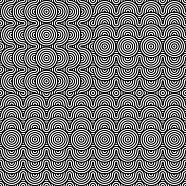 Soyut dikişsiz doku.Modern geometrik arkaplan. Tekrarlanan eş merkezli dairesel tek renkli desen. Vektör soyut dikişsiz desen. Modern geometrik arkaplan. Tekrarlanan tek renkli desen. Hipnoz. Siyah beyaz dalgalı çizgi deseni..