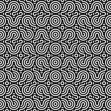 Soyut, kusursuz, kutsal geometri deseni. Siyah ve beyaz, soyut geometrik arka plan, duvar kağıdı, tek renkli retro doku. Modern stil dokusu. Tekrarlayan geometrik kiremitler. Çizgili eşmerkezli dairelerin eşmerkezli daireleri.