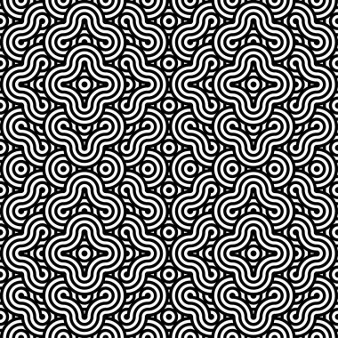 Soyut, kusursuz, kutsal geometri deseni. Siyah ve beyaz, soyut geometrik arka plan, duvar kağıdı, tek renkli retro doku. Modern stil dokusu. Tekrarlayan geometrik kiremitler. Çizgili eşmerkezli dairelerin eşmerkezli daireleri.