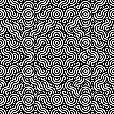 Soyut, kusursuz, kutsal geometri deseni. Siyah ve beyaz, soyut geometrik arka plan, duvar kağıdı, tek renkli retro doku. Modern stil dokusu. Tekrarlayan geometrik kiremitler. Çizgili eşmerkezli dairelerin eşmerkezli daireleri.