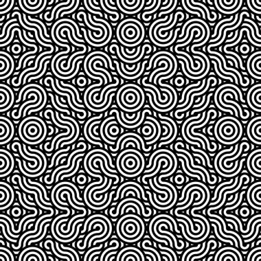 Soyut, kusursuz, kutsal geometri deseni. Siyah ve beyaz, soyut geometrik arka plan, duvar kağıdı, tek renkli retro doku. Modern stil dokusu. Tekrarlayan geometrik kiremitler. Çizgili eşmerkezli dairelerin eşmerkezli daireleri.