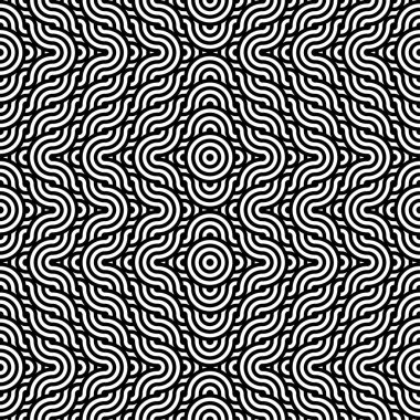 Soyut, kusursuz, kutsal geometri deseni. Siyah ve beyaz, soyut geometrik arka plan, duvar kağıdı, tek renkli retro doku. Modern stil dokusu. Tekrarlayan geometrik kiremitler. Çizgili eşmerkezli dairelerin eşmerkezli daireleri.