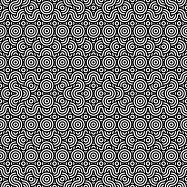 Soyut, kusursuz, kutsal geometri deseni. Siyah ve beyaz, soyut geometrik arka plan, duvar kağıdı, tek renkli retro doku. Modern stil dokusu. Tekrarlayan geometrik kiremitler. Çizgili eşmerkezli dairelerin eşmerkezli daireleri.