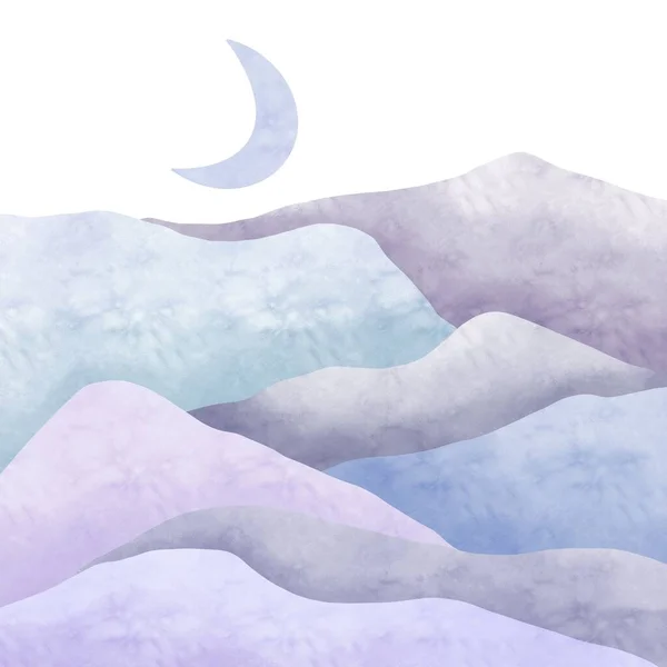 Painted landscape in muted purple tones. A minimalist illustration of a landscape in a gradation of one color. Idea for postcard, poster, sublimation. Printing on notebooks, book covers.