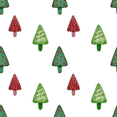 Beyaz arka planda şekillendirilmiş Noel ağacı görüntüsü olan pürüzsüz bir desen. Tekstil, duvar kağıtları, posterler, kumaşlar üzerine baskı yapmak için kullanılabilir. Paket kağıdı, defter, kırtasiye ve diğer aksesuarlar için yazdır.