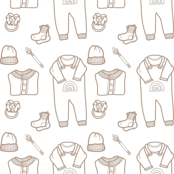 Μινιμαλιστικό Μοτίβο Στοιχεία Παιδικών Ρούχων Και Πραγμάτων Γραμμικό Σχέδιο Για — Φωτογραφία Αρχείου