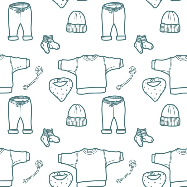 Minimalist pattern with elements of children\'s clothes and things. Linear pattern for wrapping paper, children\'s covers. Print for children\'s accessories, children\'s rooms.