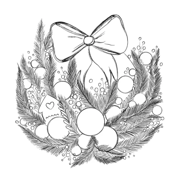 A minimalistic image of a Christmas wreath. The illustration is drawn by hand with a pencil in a digital version. Print for a postcard, poster.