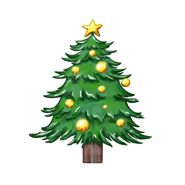 黄色のボールと緑のクリスマスツリーのイラスト カードのための明るいクリスマスツリーとクリスマスプリント — ストック写真