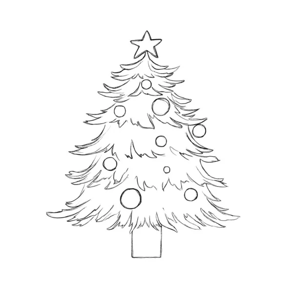 細い線でクリスマスツリーのミニマルなイラスト 絵葉書 クリスマスの要素のために印刷可能 — ストック写真