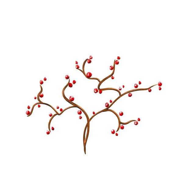 赤い小さな果実を持つ描かれた小枝 双子の要素 — ストック写真