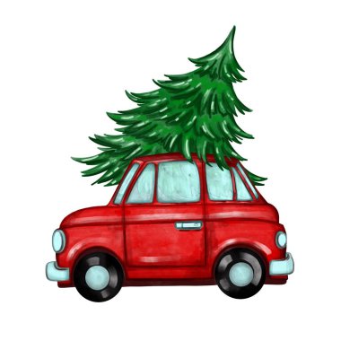 Yeşil Noel ağacı olan kırmızı bir arabanın yılbaşı resmi. Kartpostallar için resim, kırtasiye malzemeleri. Süblimleşme için yazdır. Tekstil veya peçetelere yazdırma.