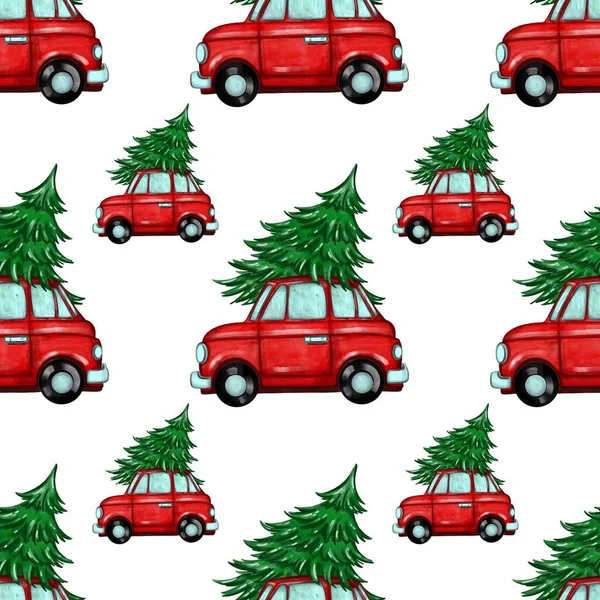 Бесшовный Рисунок Новогодней Иллюстрацией Красной Машины Образец Новогоднего Текстиля Обоев — стоковое фото