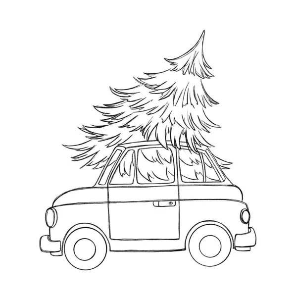 最简约的圣诞图上有一辆有圣诞树的车 用于明信片印刷 织物印刷 包装纸印刷 — 图库照片