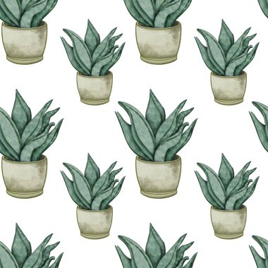 Yeşil saksıları çizilmiş kusursuz desen. Not defterleri, kartpostallar, paketler, ambalaj kağıtları, duvar kağıtları, tekstil için desen.