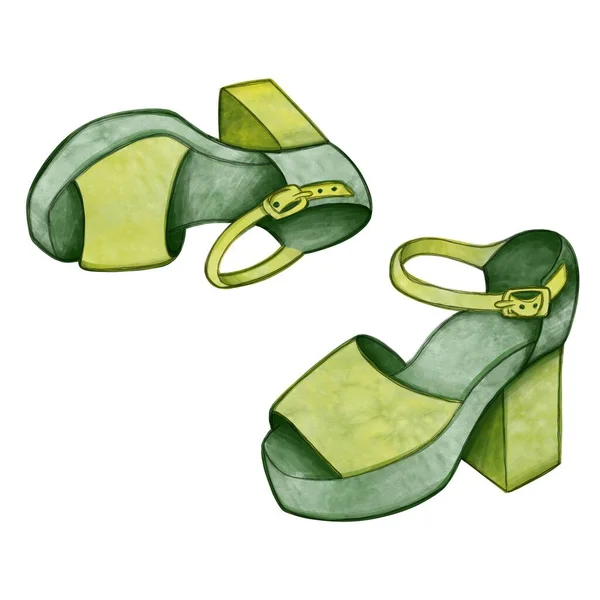Yeşille Çizilmiş Kadın Ayakkabıları Topukluların Moda Çizimi Posta Kartı Poster — Stok fotoğraf