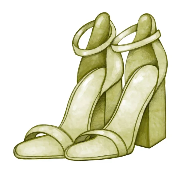 Акварельная Иллюстрация Женских Каблуков Зелеными Цветами Иллюстрация Логотипа Обуви Плаката — стоковое фото