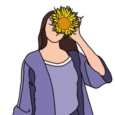 Elinde ayçiçeği olan bir kızın minimalist çizimi. Kartpostallar, posterler, logolar için resim.