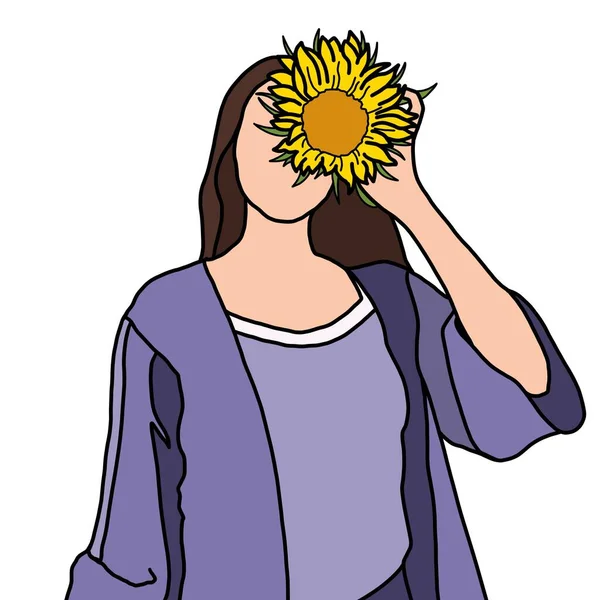 Minimalistic illustration of a girl with a sunflower in her hand. Illustration for postcards, posters, logos.