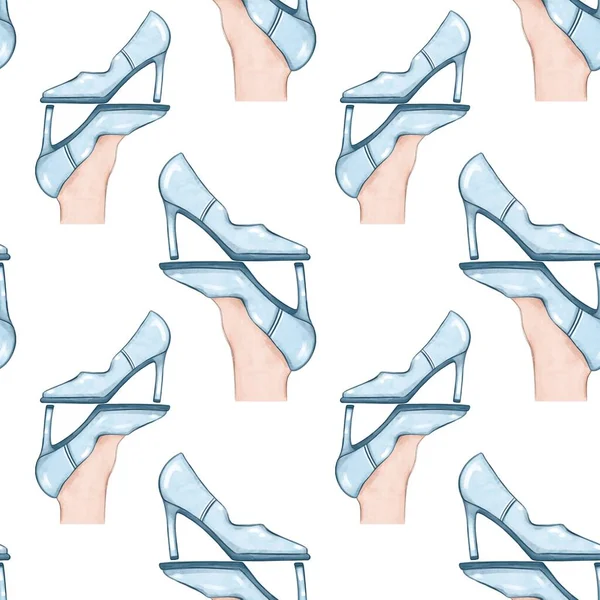 Kusursuz Desenli Mavi Topuklu Kadın Ayakkabısı Paket Kağıdı Hediye Paketi — Stok fotoğraf