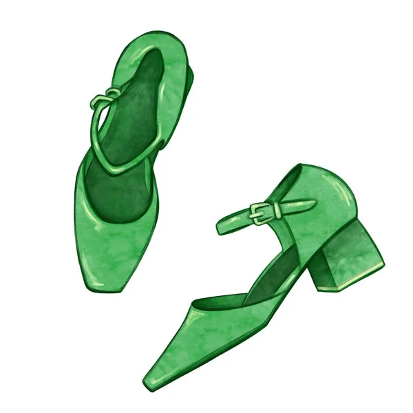 Illustration of women\'s shoes in green. Illustration for cards, stickers, logos, emblems, posters.