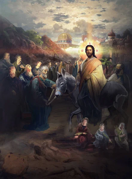Иисус Въезжает Иерусалим Осле — стоковое фото