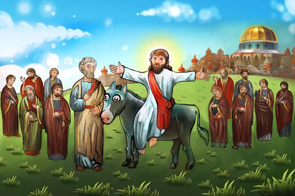 Children Illustration Jesus Entering Jerusalem Donkey — Stock Photo, Image