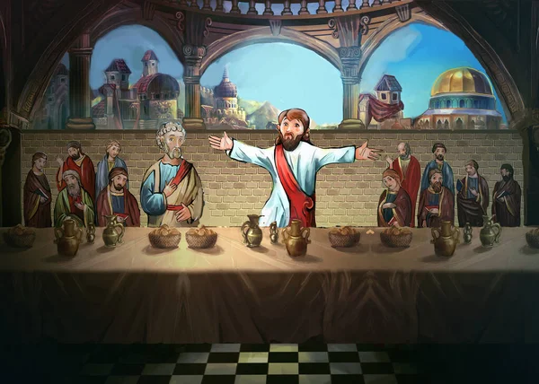 Isus Apostolii Ultima Cină Ilustrație Pentru Copii — Fotografie, imagine de stoc