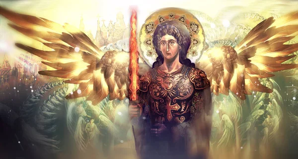 Archangel Michael Dengan Pedang Terbakar — Stok Foto