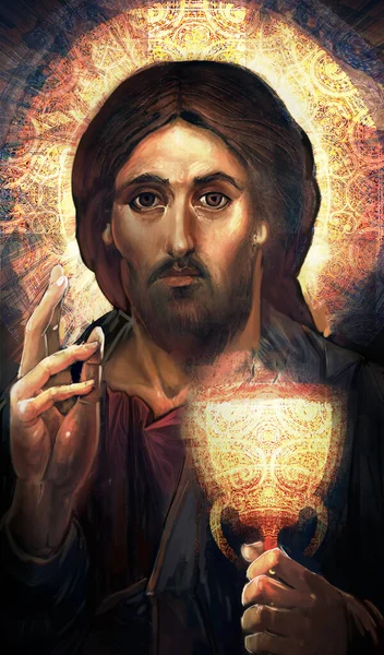 Jezus Christus Met Heilige Graal Hand — Stockfoto