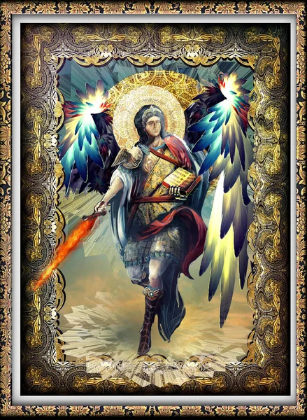Ikon Archangel Michael Dengan Pedang Terbakar — Stok Foto