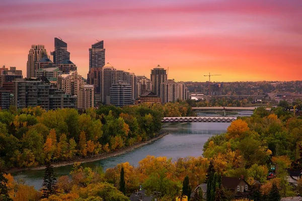 Warm Sunrise Downtown Calgary River Valley — Stock Photo, Image