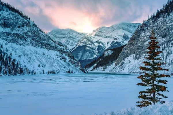 冬の間に輝く朝の太陽 キャンモア山脈 — ストック写真