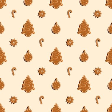 Zencefilli kurabiyeli Noel şablonu. Xmas Ağacı. Tatil temalı tasarım. Süslü beyaz krema.