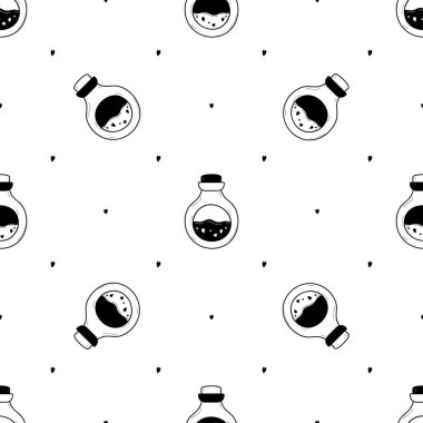 Cute magic bottle. Seamless line pattern. Love potion. Glass lab flask with hearts.