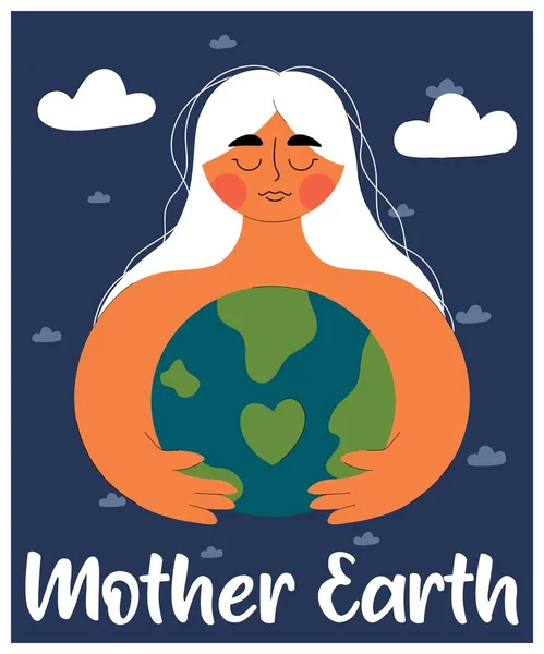 귀여운 여성은 주의와 사랑으로 지구를 어머니의 지구의 날이라는 지구를 구하는 — 스톡 벡터