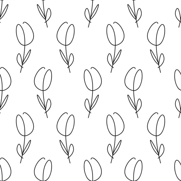 Simple One Line Style Flowers Modern Seamless Pattern — Stock Vector