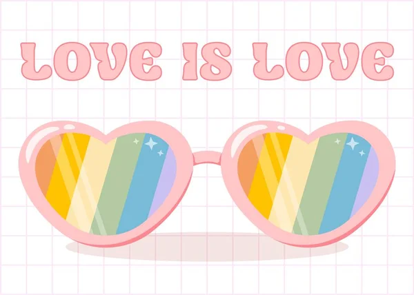 带Lgbtq彩虹的心形眼镜 快乐的骄傲月 爱情就是爱情 漂亮的彩色太阳镜 晶状体 嬉皮美学倾向 复古卡通风格 平面矢量图解 — 图库矢量图片